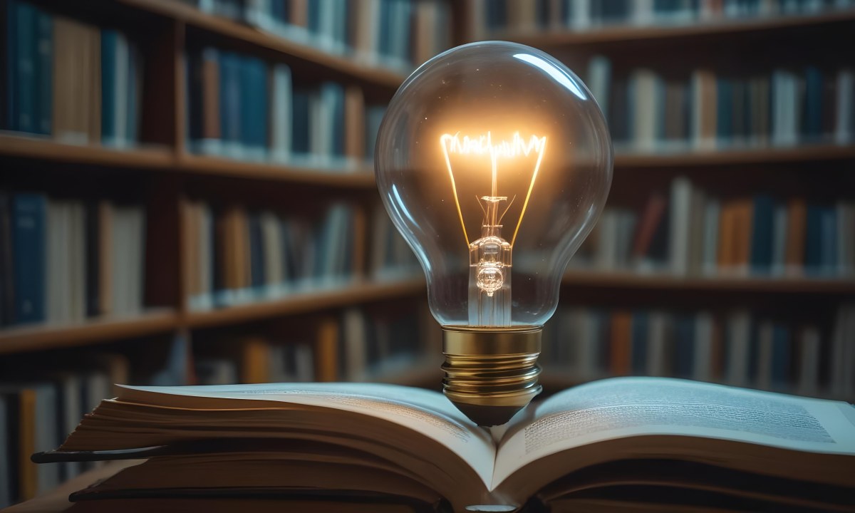 A Light Bulb On Top Of An Open Book Library In The Background With Many Books On The Shelves Warm Light Knowledge Concept 28 5151
