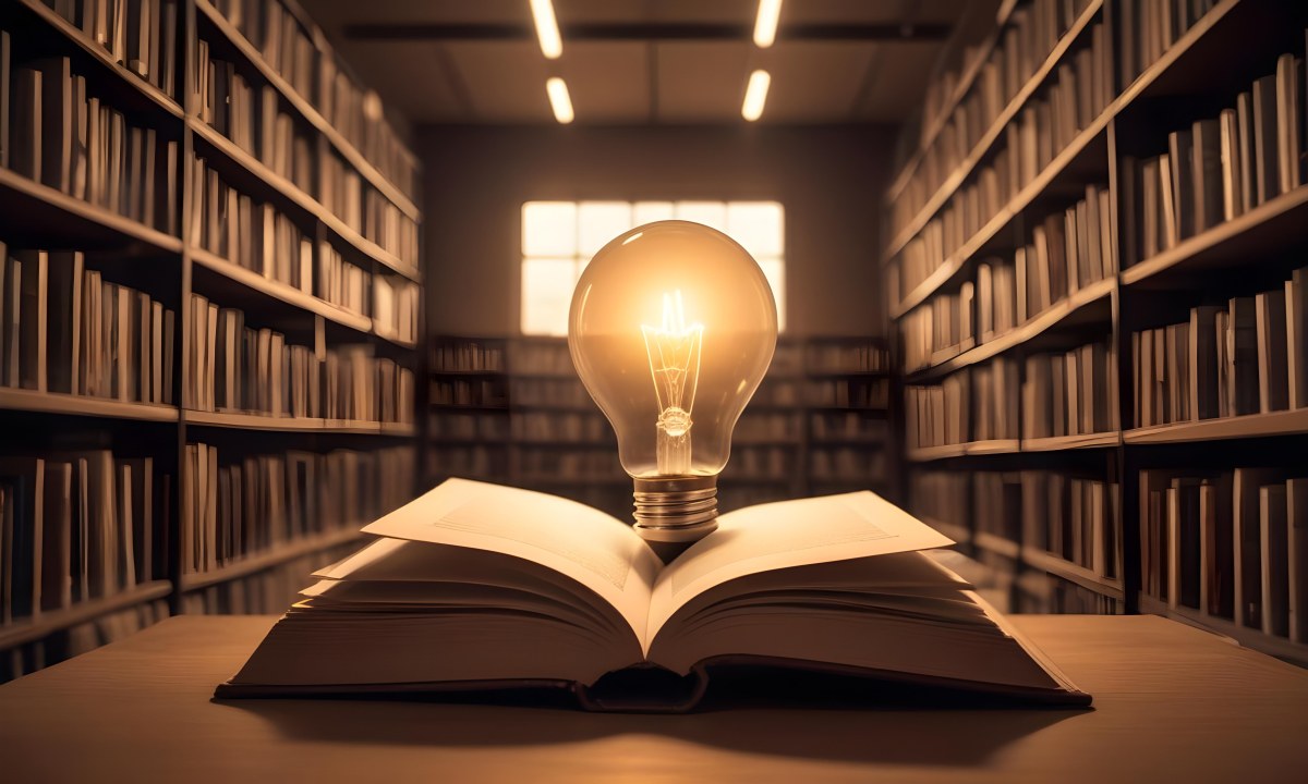 A Light Bulb On Top Of An Open Book Library In The Background With Many Books On The Shelves Warm Light Knowledge Concept 8 E03f