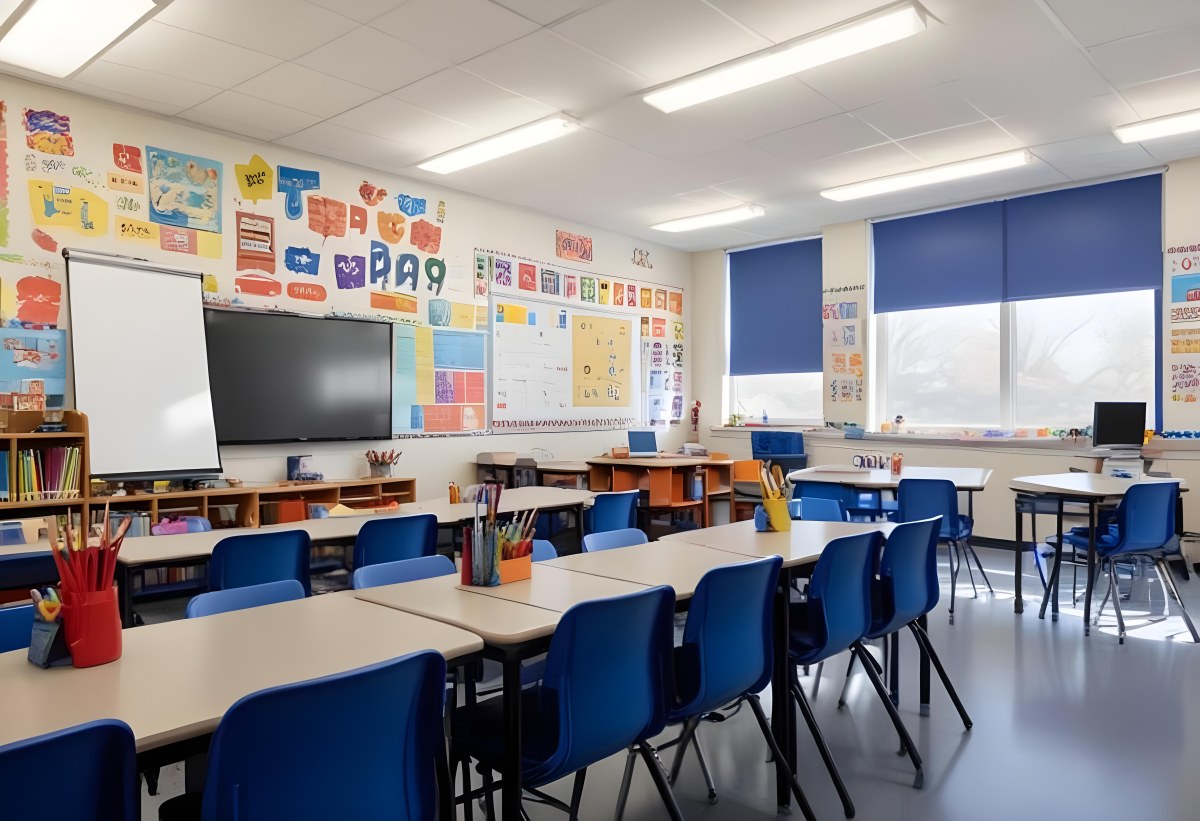A Modern Elementary School Classroom With Desks Chairs And A Large Tv Screen On The Wall The Room Has Colorful Decorations And Educational Posters On The Walls 1 07e7