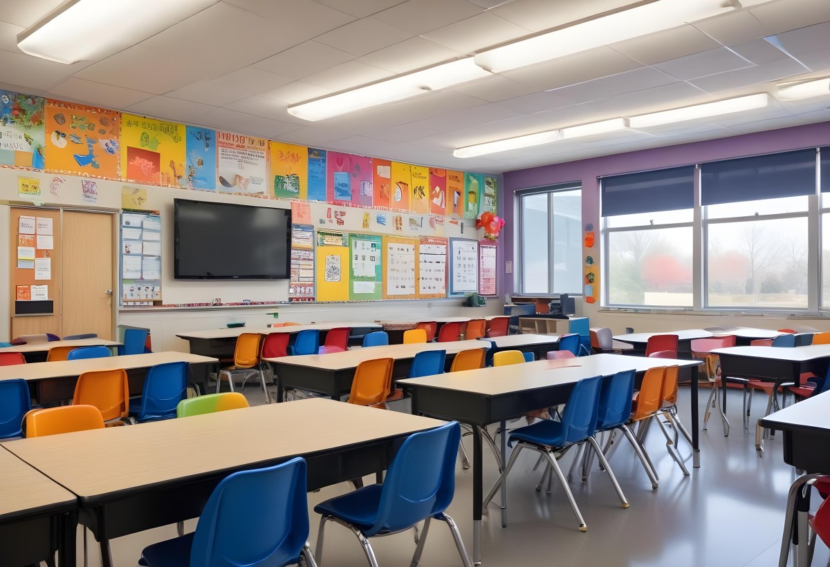 A Modern Elementary School Classroom With Desks Chairs And A Large Tv Screen On The Wall The Room Has Colorful Decorations And Educational Posters On The Walls 3 3fdf