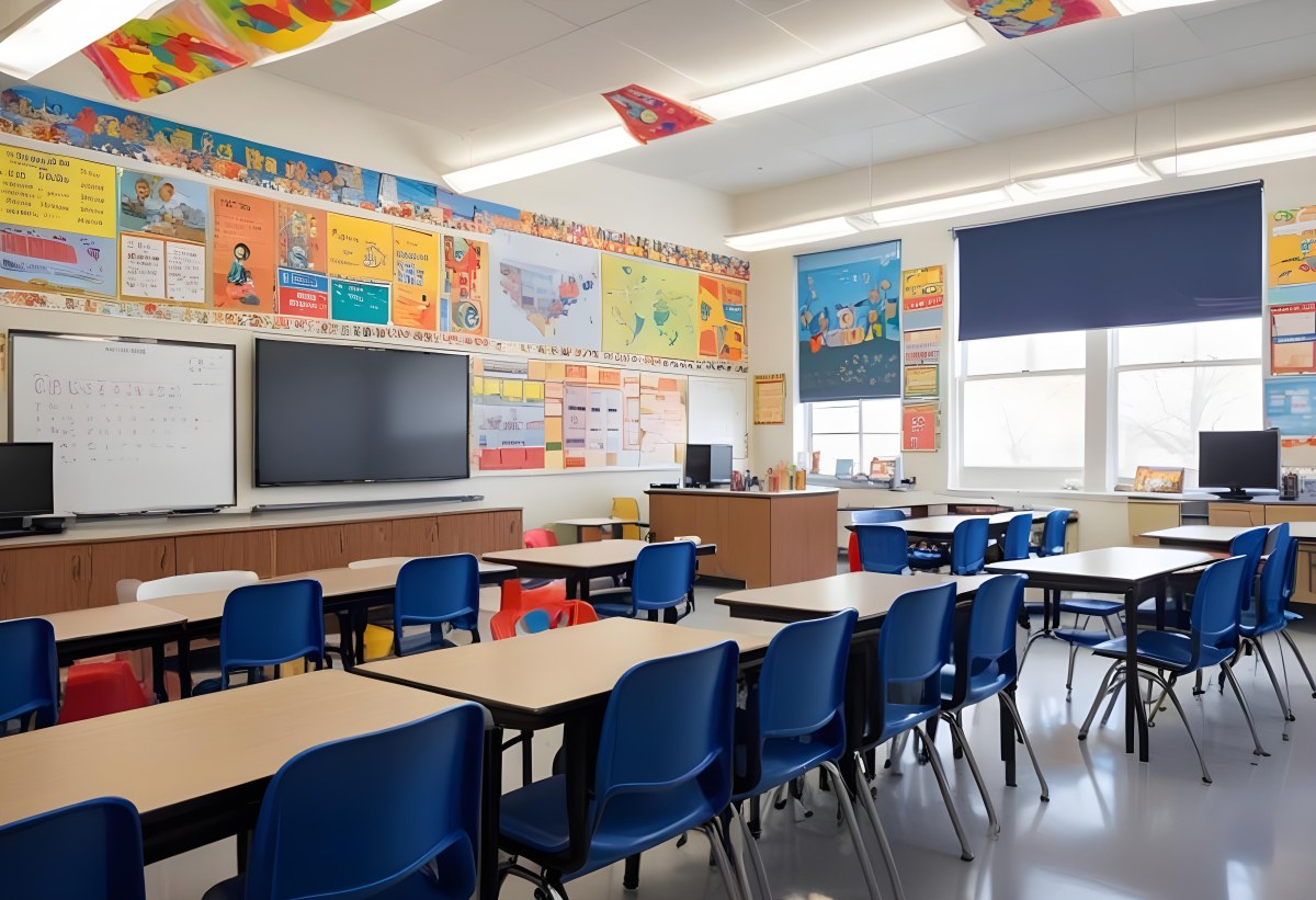 A Modern Elementary School Classroom With Desks Chairs And A Large Tv Screen On The Wall The Room Has Colorful Decorations And Educational Posters On The Walls 4 75cb