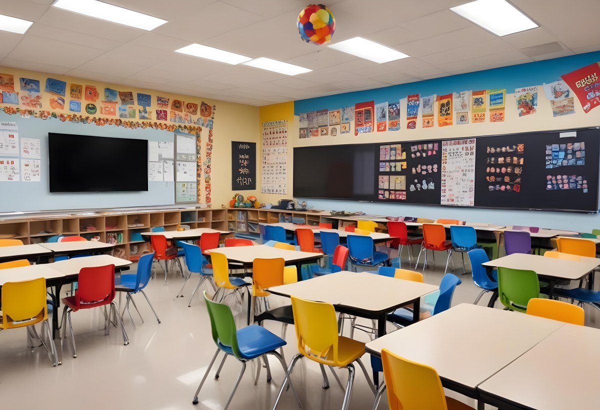 A Modern Elementary School Classroom With Desks Chairs And A Large Tv Screen On The Wall The Room Has Colorful Decorations And Educational Posters On The Walls 5 Dae8