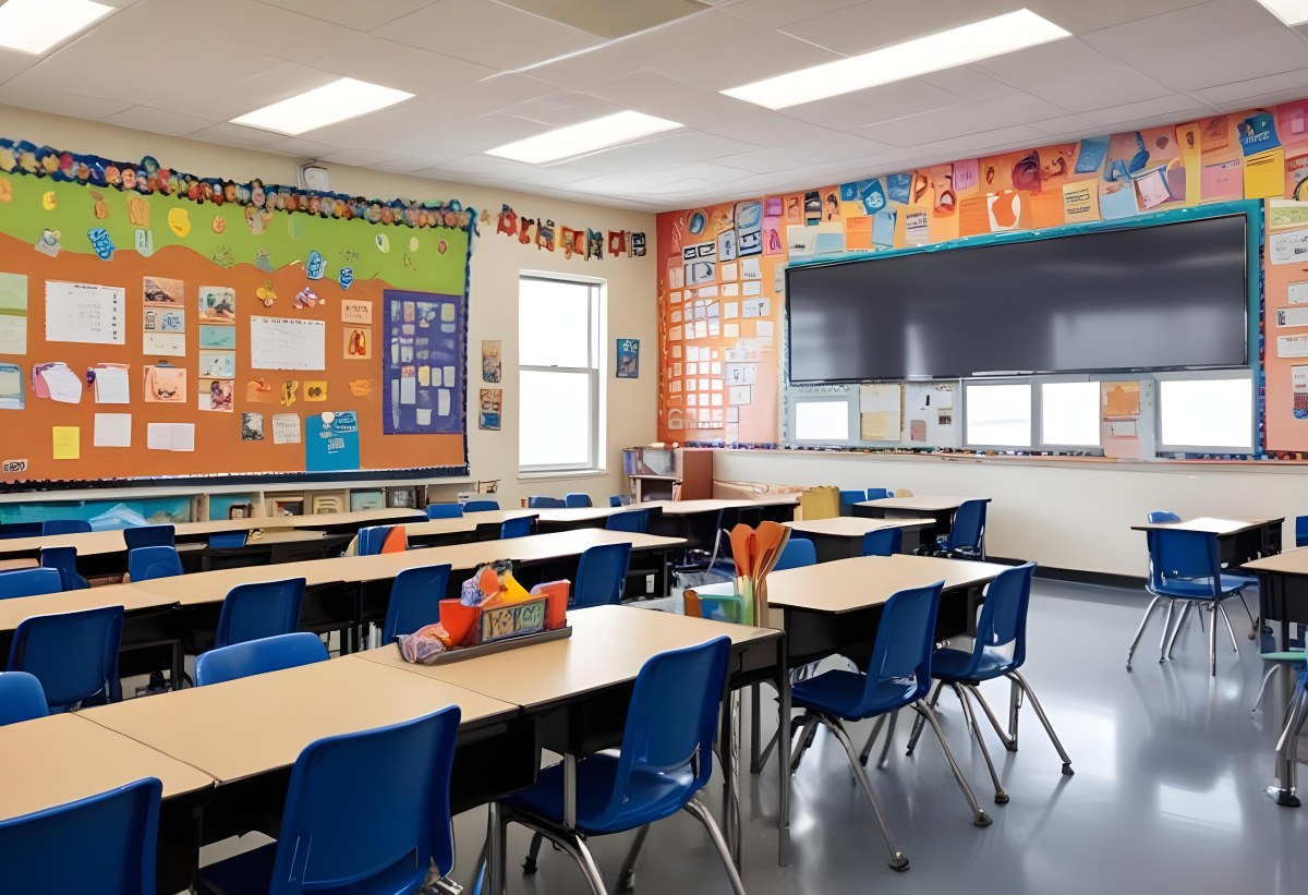 A Modern Elementary School Classroom With Desks Chairs And A Large Tv Screen On The Wall The Room Has Colorful Decorations And Educational Posters On The Walls 6 F682