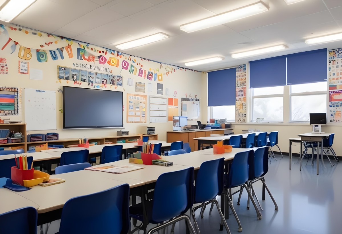 A Modern Elementary School Classroom With Desks Chairs And A Large Tv Screen On The Wall The Room Has Colorful Decorations And Educational Posters On The Walls 7 1efe