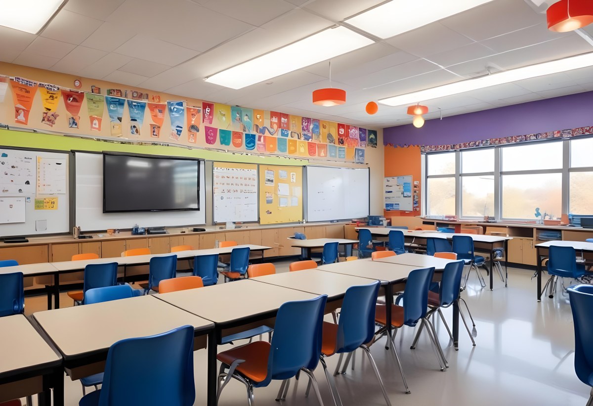 A Modern Elementary School Classroom With Desks Chairs And A Large Tv Screen On The Wall The Room Has Colorful Decorations And Educational Posters On The Walls 8 B191