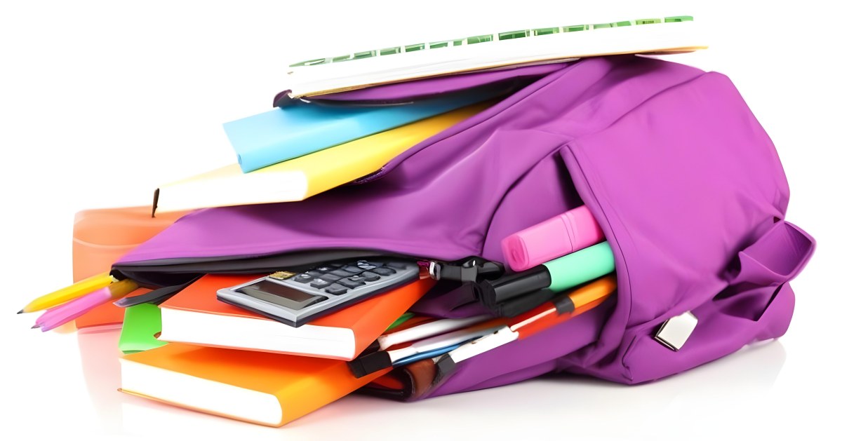 A Purple Backpack Filled With School Supplies Including Notebooks Pens Pencils And A Calculator Surrounded By A Classroom During Daytime With Colorful Stickers On The Backpack 1 8f1c