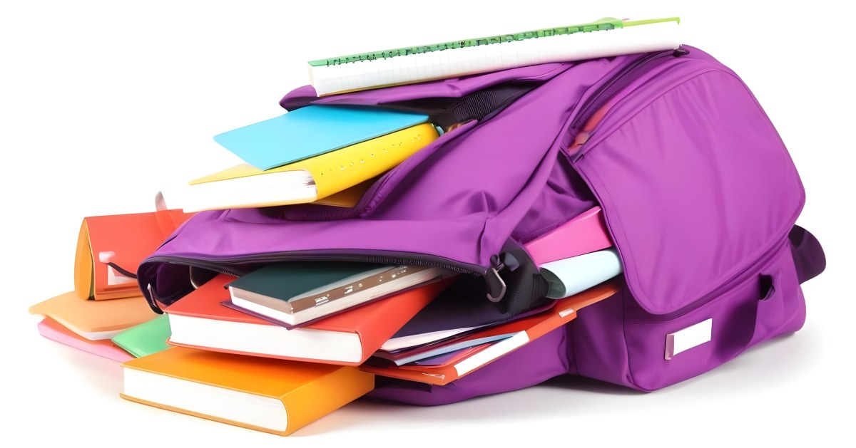 A Purple Backpack Filled With School Supplies Including Notebooks Pens Pencils And A Calculator Surrounded By A Classroom During Daytime With Colorful Stickers On The Backpack 3 E3cb