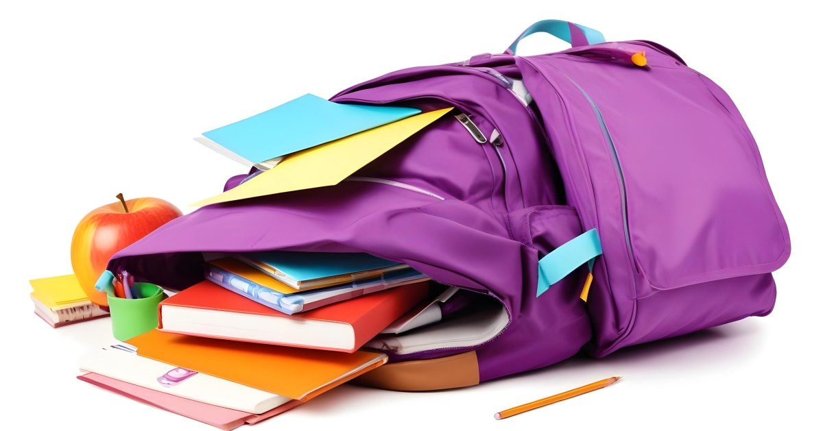 A Purple Backpack Filled With School Supplies Including Notebooks Pens Pencils And A Calculator Surrounded By A Classroom During Daytime With Colorful Stickers On The Backpack 4 562f