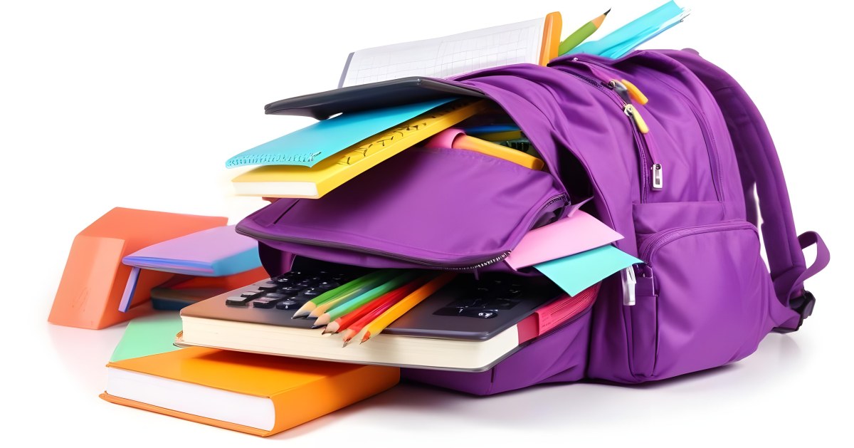 A Purple Backpack Filled With School Supplies Including Notebooks Pens Pencils And A Calculator Surrounded By A Classroom During Daytime With Colorful Stickers On The Backpack 5 7e1f