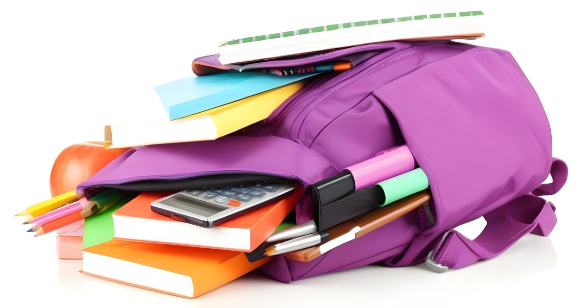 A Purple Backpack Filled With School Supplies Including Notebooks Pens Pencils And A Calculator Surrounded By A Classroom During Daytime With Colorful Stickers On The Backpack 8 52c1