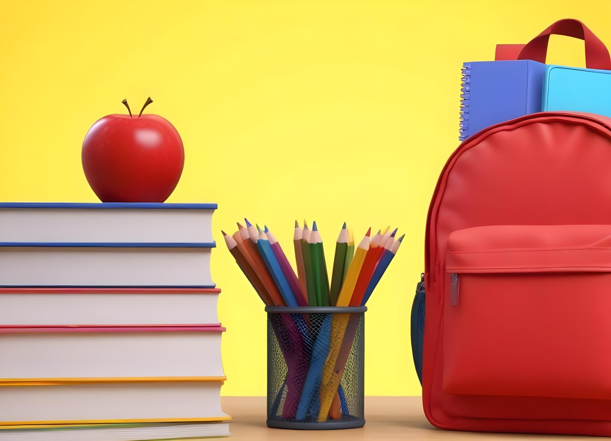 A Red Apple Stacks Of Books A Pencil Holder With Colored Pencils And A Red Backpack On A Yellow Background 12 1d26