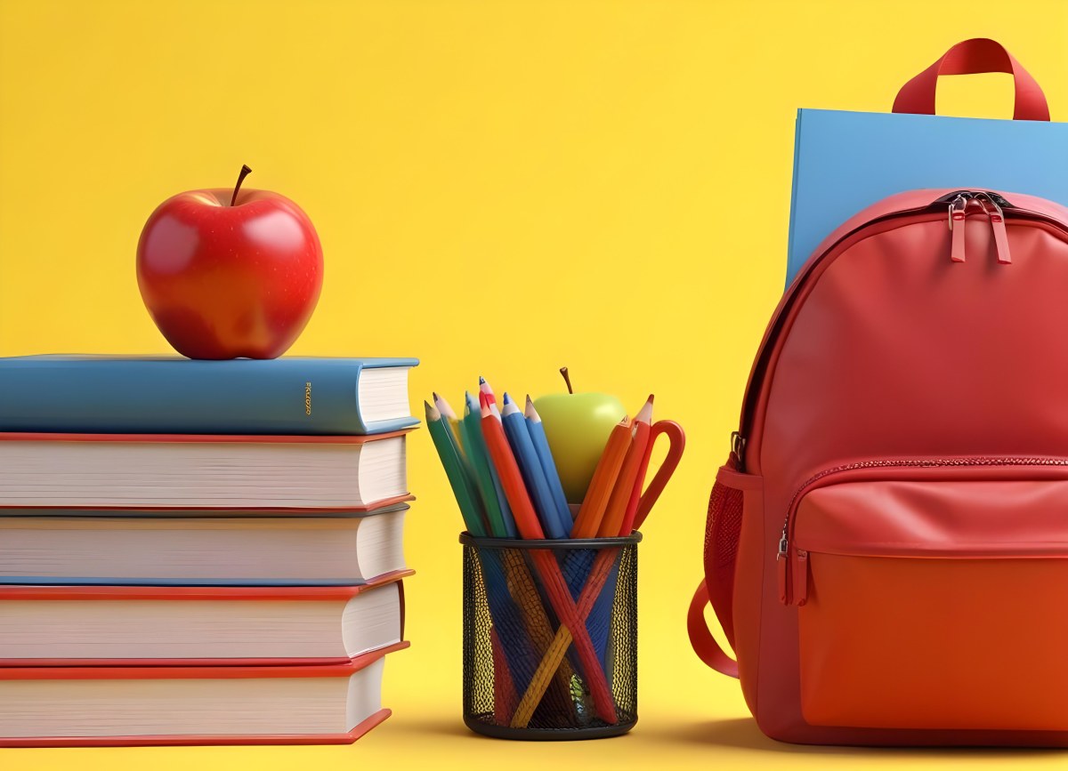 A Red Apple Stacks Of Books A Pencil Holder With Colored Pencils And A Red Backpack On A Yellow Background 15 163e