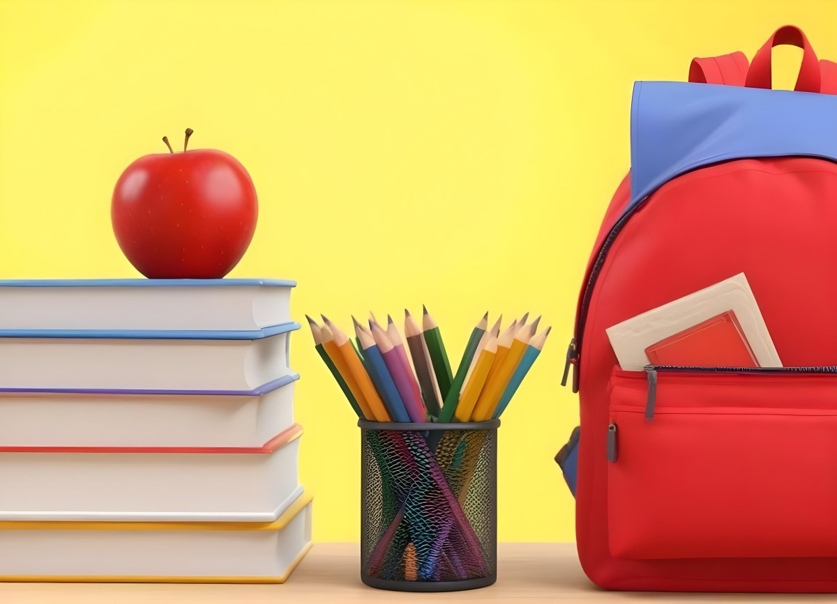 A Red Apple Stacks Of Books A Pencil Holder With Colored Pencils And A Red Backpack On A Yellow Background 16 9154