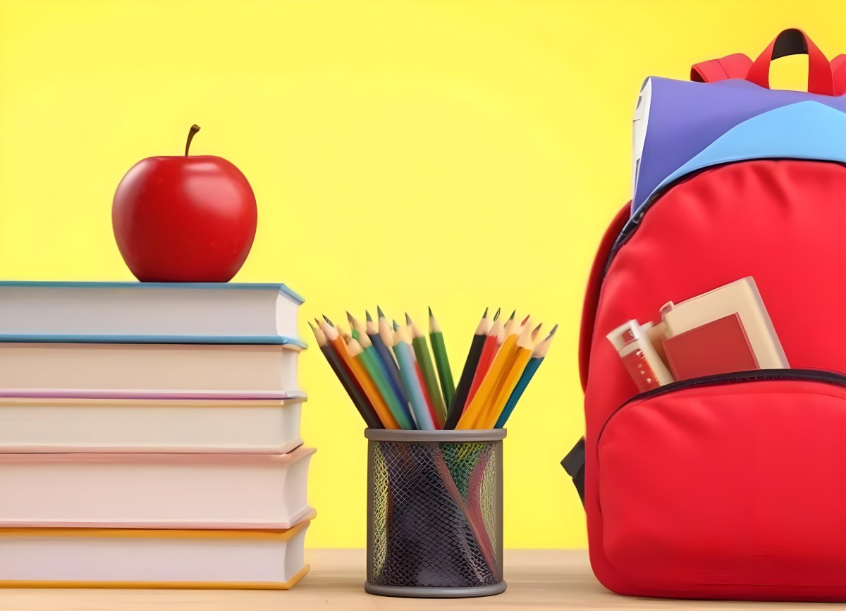 A Red Apple Stacks Of Books A Pencil Holder With Colored Pencils And A Red Backpack On A Yellow Background 20 22d0