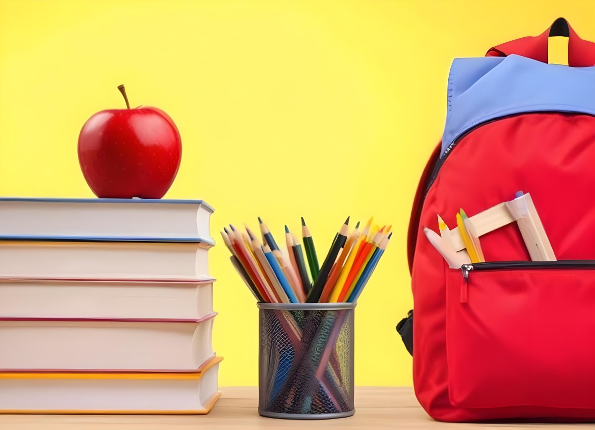 A Red Apple Stacks Of Books A Pencil Holder With Colored Pencils And A Red Backpack On A Yellow Background 24 A690