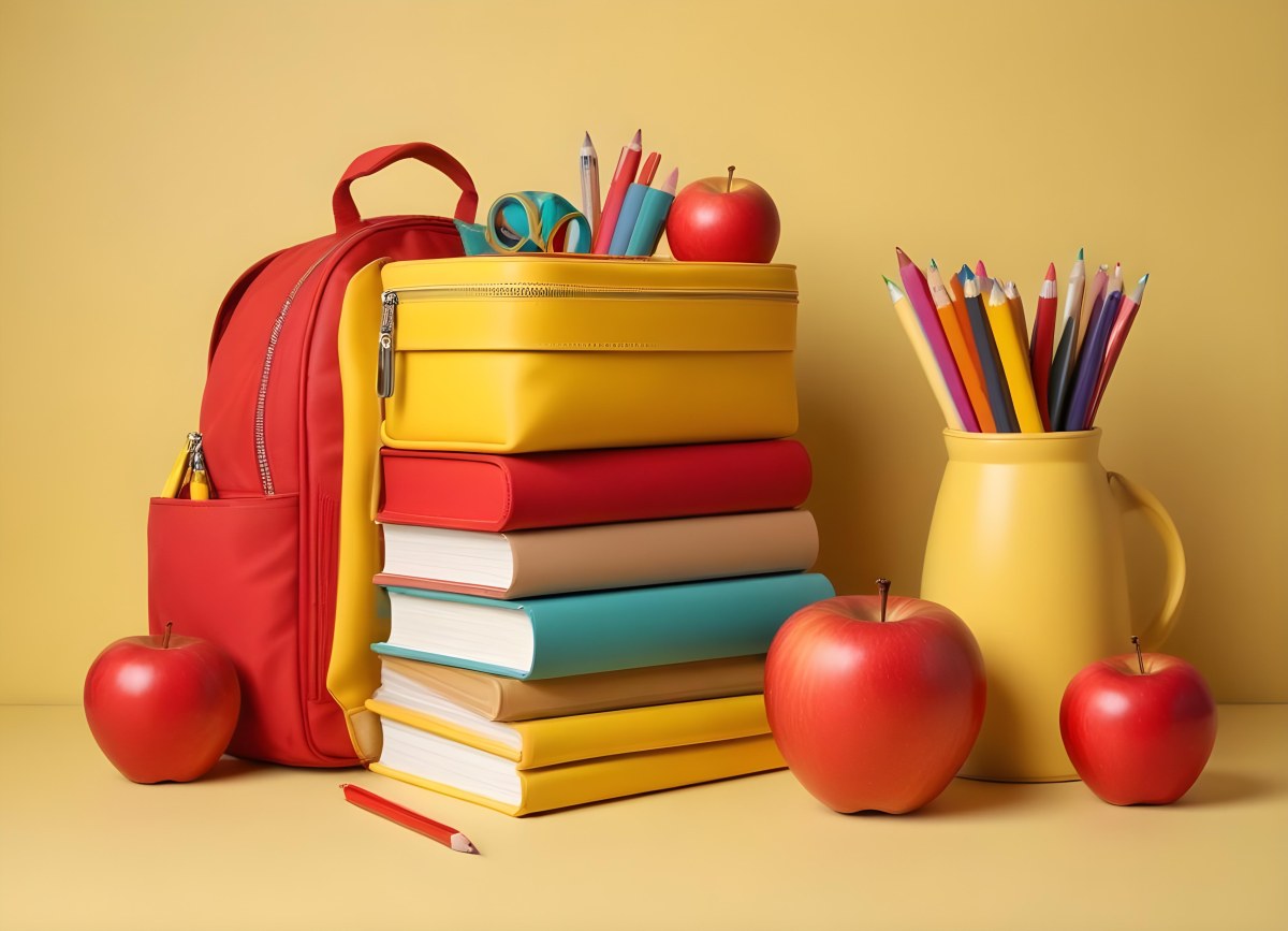 A Red Apple Stacks Of Books A Pencil Holder With Colored Pencils And A Red Backpack On A Yellow Background 25 F9af