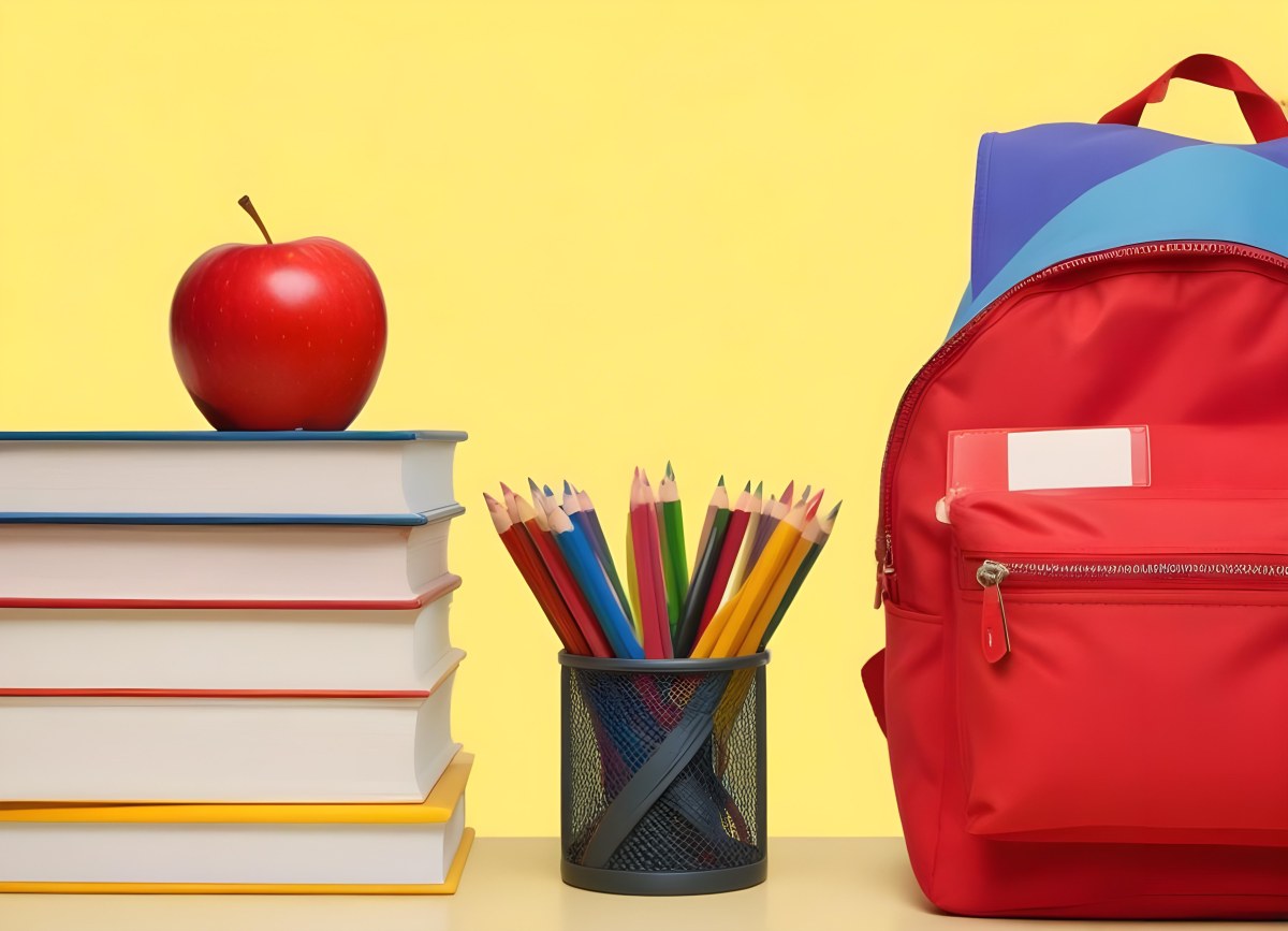 A Red Apple Stacks Of Books A Pencil Holder With Colored Pencils And A Red Backpack On A Yellow Background 26 685f