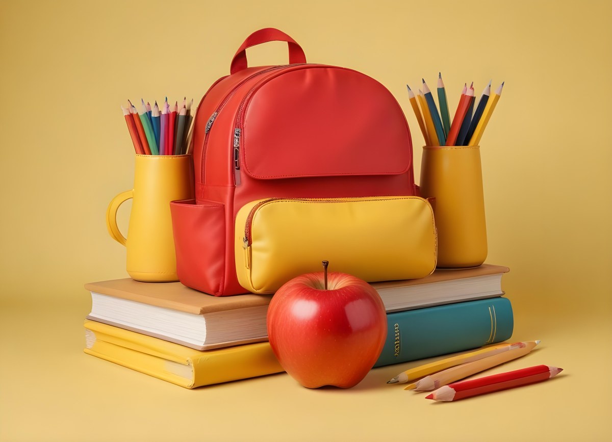 A Red Apple Stacks Of Books A Pencil Holder With Colored Pencils And A Red Backpack On A Yellow Background 27 1eb8