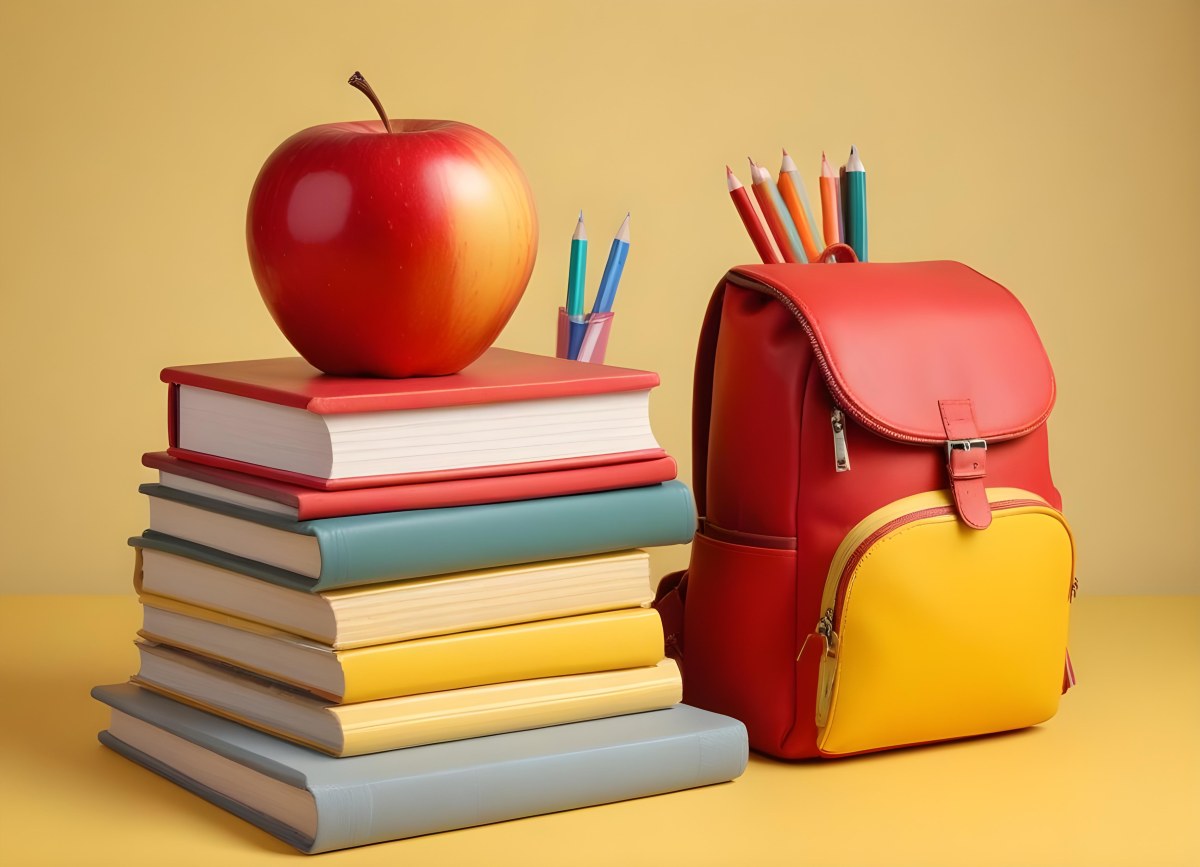 A Red Apple Stacks Of Books A Pencil Holder With Colored Pencils And A Red Backpack On A Yellow Background 28 6900