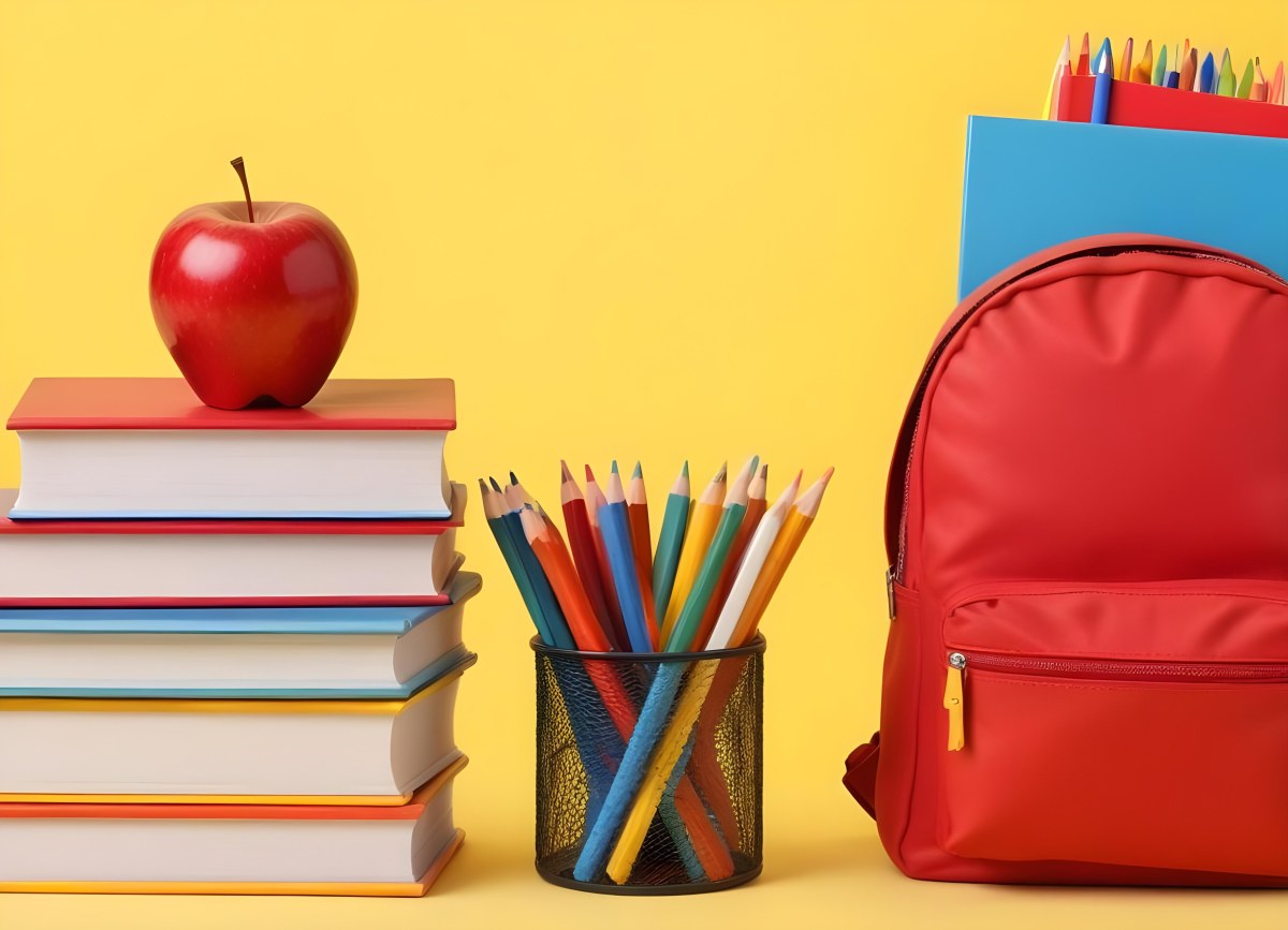 A Red Apple Stacks Of Books A Pencil Holder With Colored Pencils And A Red Backpack On A Yellow Background 3 C1ff
