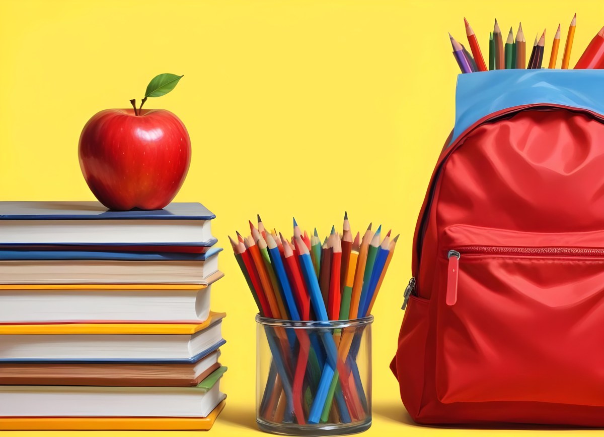 A Red Apple Stacks Of Books A Pencil Holder With Colored Pencils And A Red Backpack On A Yellow Background 5 144c