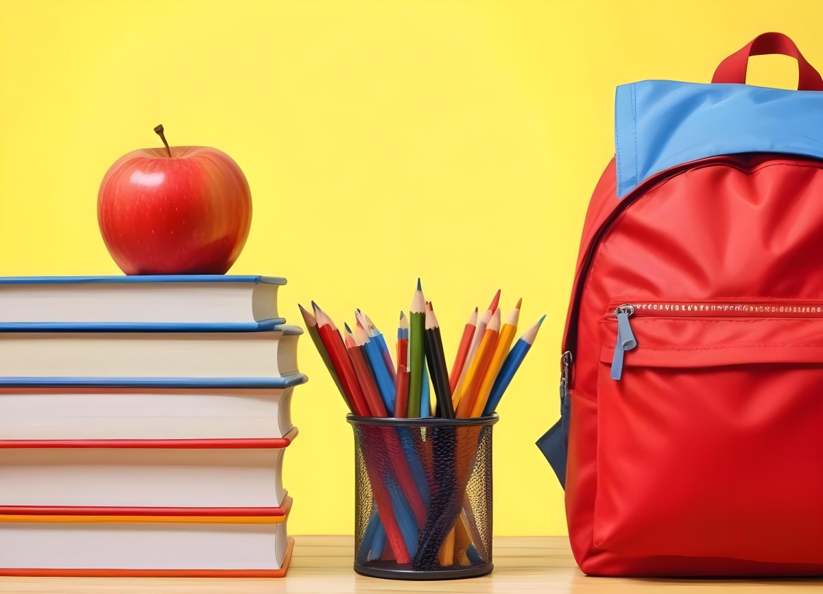 A Red Apple Stacks Of Books A Pencil Holder With Colored Pencils And A Red Backpack On A Yellow Background 6 Cac1