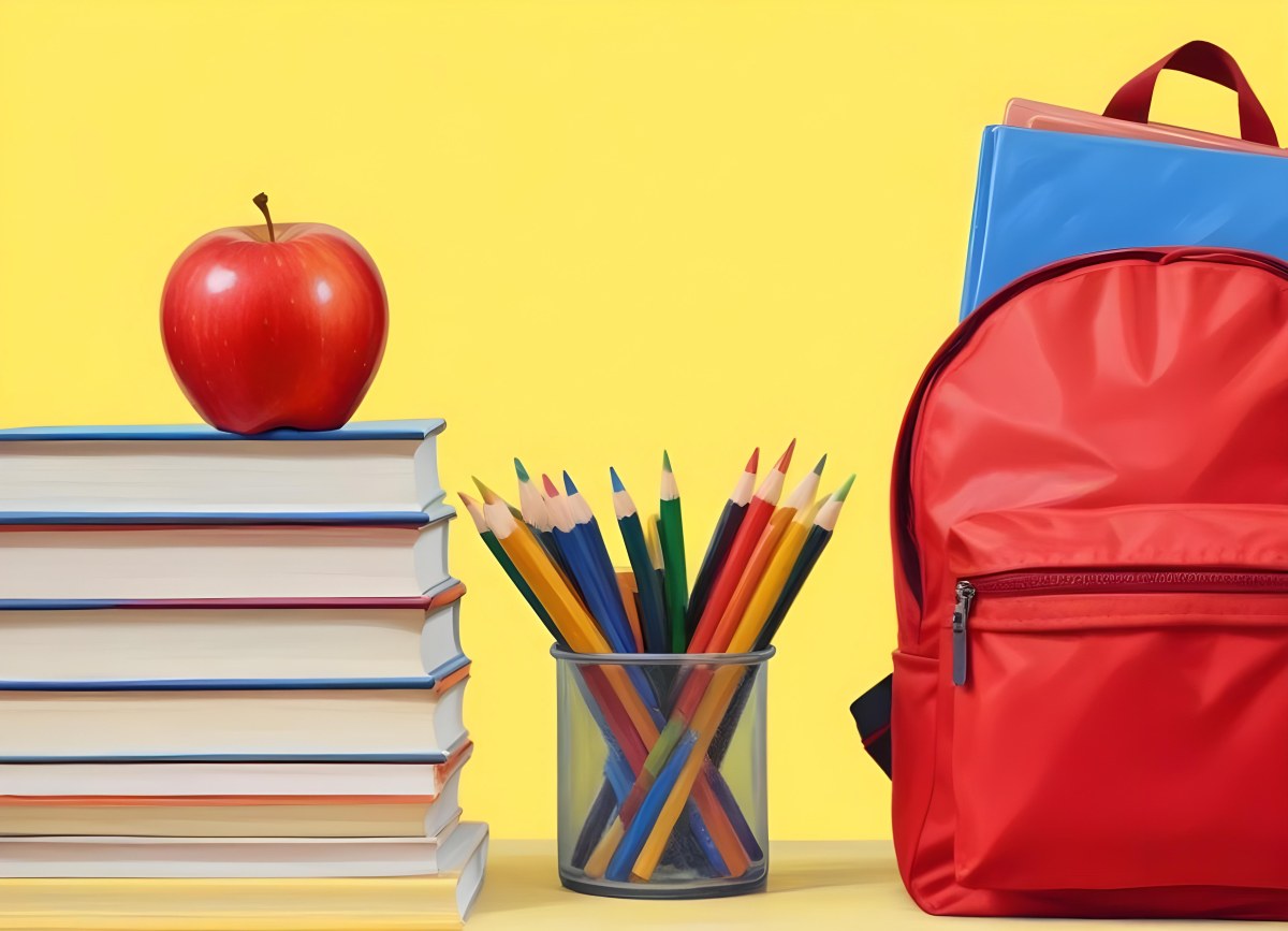 A Red Apple Stacks Of Books A Pencil Holder With Colored Pencils And A Red Backpack On A Yellow Background 8 F858
