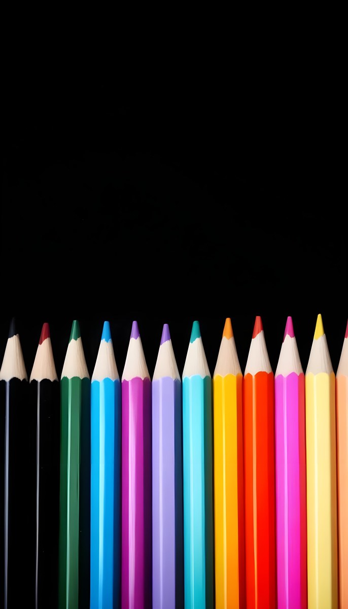 A Row Of Colored Pencils Arranged Neatly On A Black Background The Pencils Display A Variety Of Vibrant Colors Including Red Green Blue Purple Orange And Pink With Their Sharpened Tips Facing Upwards 20 8a74
