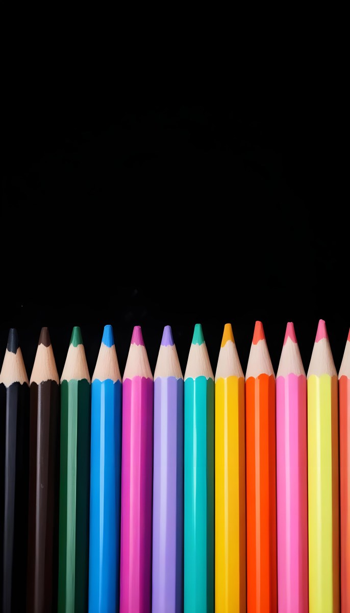 A Row Of Colored Pencils Arranged Neatly On A Black Background The Pencils Display A Variety Of Vibrant Colors Including Red Green Blue Purple Orange And Pink With Their Sharpened Tips Facing Upwards 22 F1c1