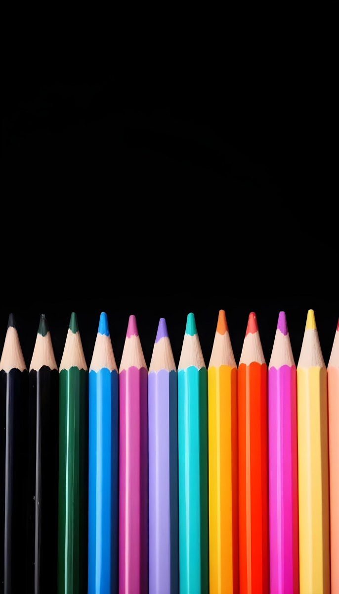 A Row Of Colored Pencils Arranged Neatly On A Black Background The Pencils Display A Variety Of Vibrant Colors Including Red Green Blue Purple Orange And Pink With Their Sharpened Tips Facing Upwards 24 383c