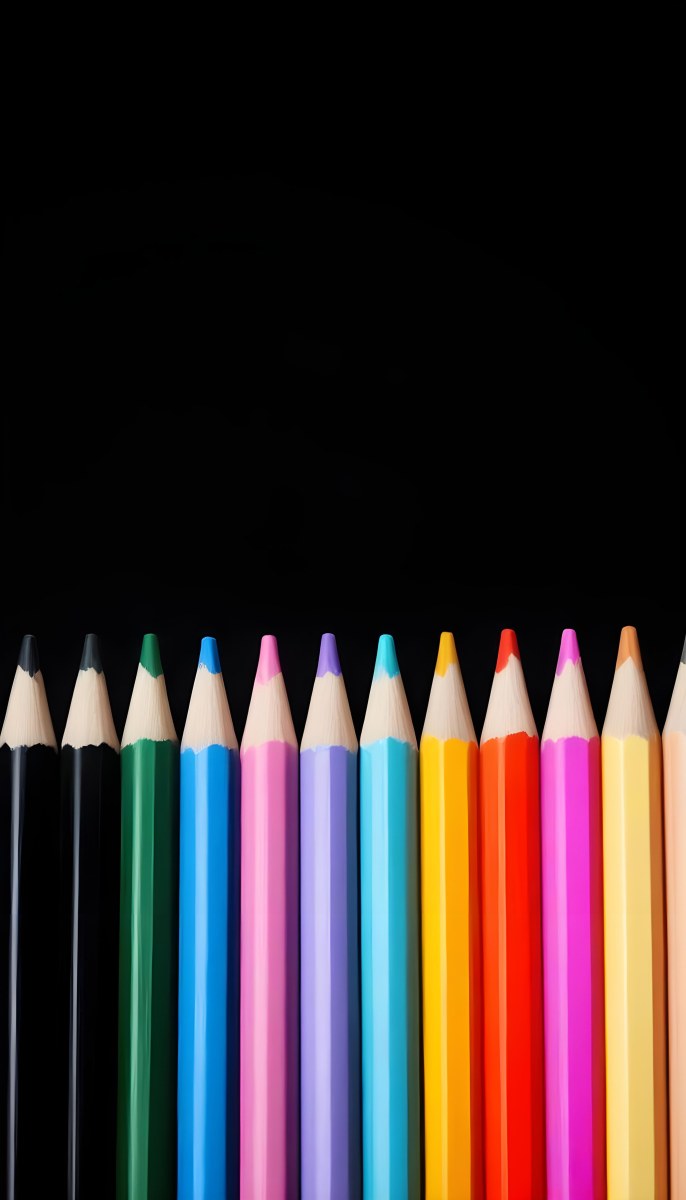 A Row Of Colored Pencils Arranged Neatly On A Black Background The Pencils Display A Variety Of Vibrant Colors Including Red Green Blue Purple Orange And Pink With Their Sharpened Tips Facing Upwards 7 4006