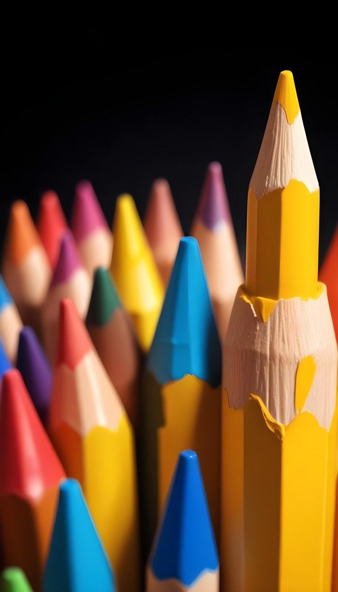 A Yellow Pencil In The Foreground With A Sharp Point And Many Colored Pencils In The Background Out Of Focus In A Dark Environment 17 F135