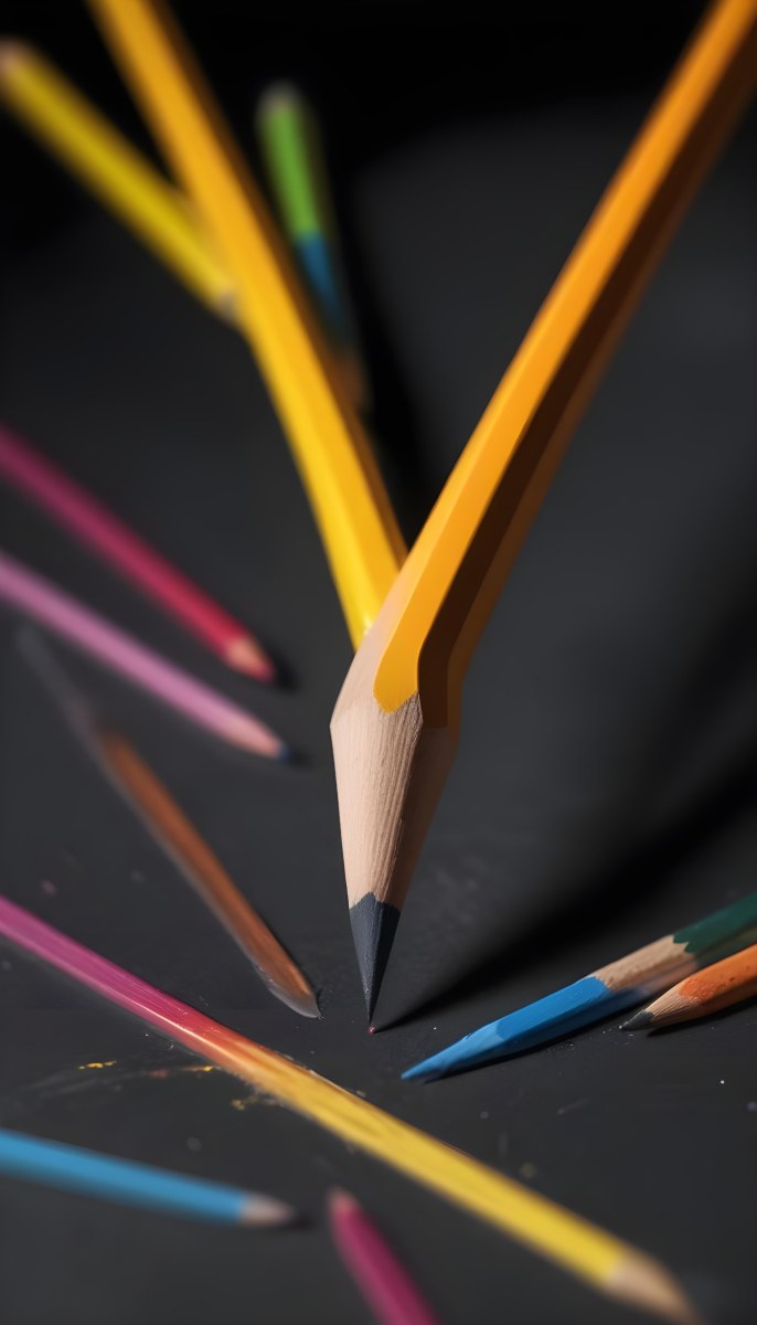 A Yellow Pencil In The Foreground With A Sharp Point And Many Colored Pencils In The Background Out Of Focus In A Dark Environment 3 128e
