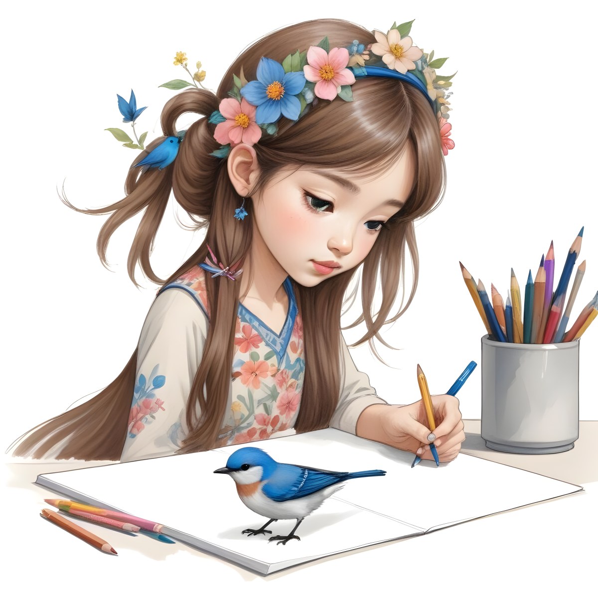 A Young Girl Approximately 6 Years Old With Light Skin And Long Brown Hair Is Sitting At A Table Drawing She Is Wearing A White Dress And A Floral Crown The Girl Is Focused On Her Artwork Whic 10 95c9