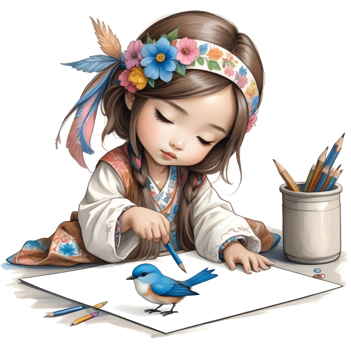 A Young Girl Approximately 6 Years Old With Light Skin And Long Brown Hair Is Sitting At A Table Drawing She Is Wearing A White Dress And A Floral Crown The Girl Is Focused On Her Artwork Whic 11 2f9e