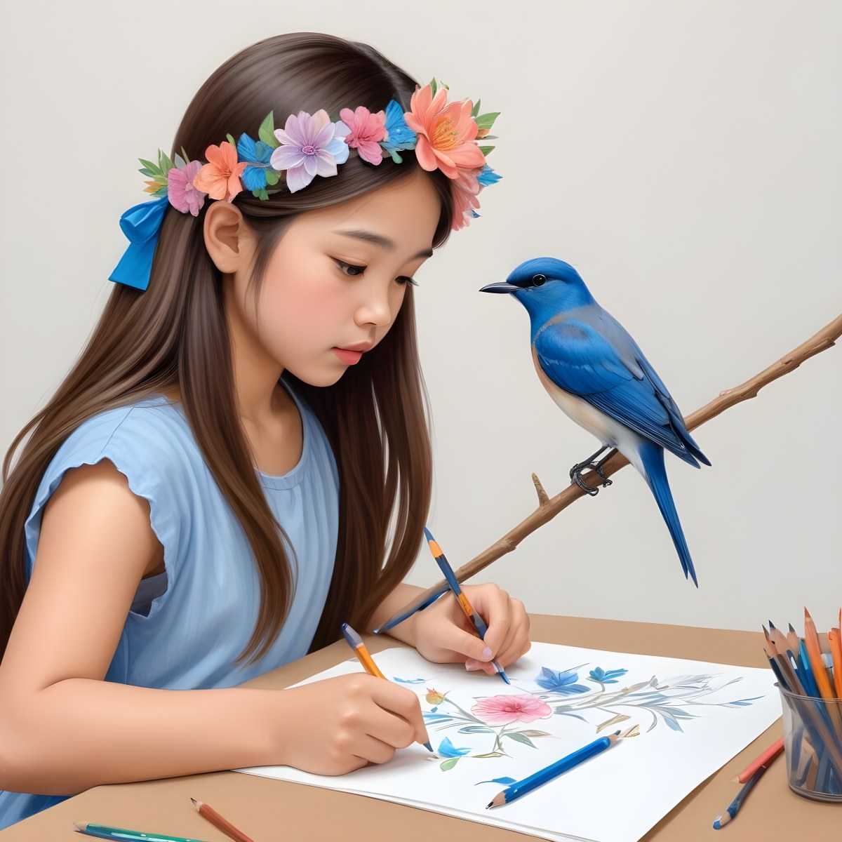 A Young Girl Approximately 6 Years Old With Light Skin And Long Brown Hair Is Sitting At A Table Drawing She Is Wearing A White Dress And A Floral Crown The Girl Is Focused On Her Artwork Whic 12 8bd7