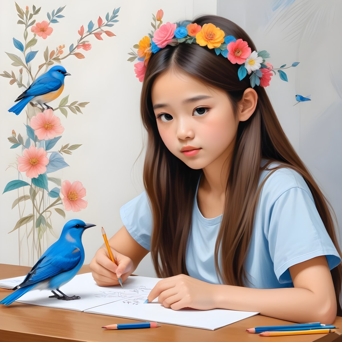 A Young Girl Approximately 6 Years Old With Light Skin And Long Brown Hair Is Sitting At A Table Drawing She Is Wearing A White Dress And A Floral Crown The Girl Is Focused On Her Artwork Whic 14 6d5b