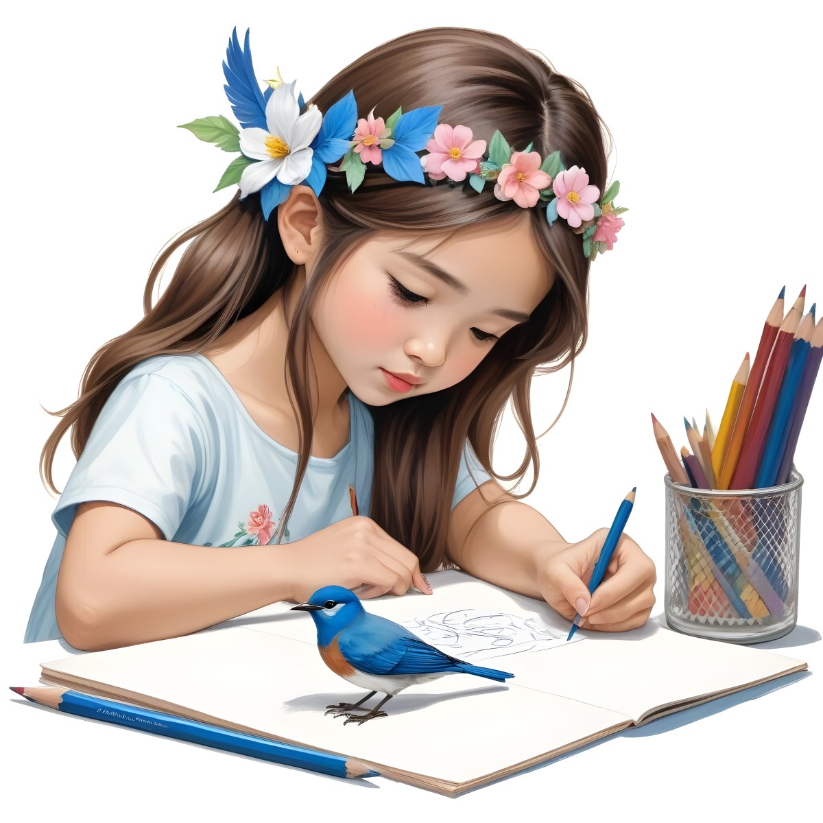 A Young Girl Approximately 6 Years Old With Light Skin And Long Brown Hair Is Sitting At A Table Drawing She Is Wearing A White Dress And A Floral Crown The Girl Is Focused On Her Artwork Whic 15 784b