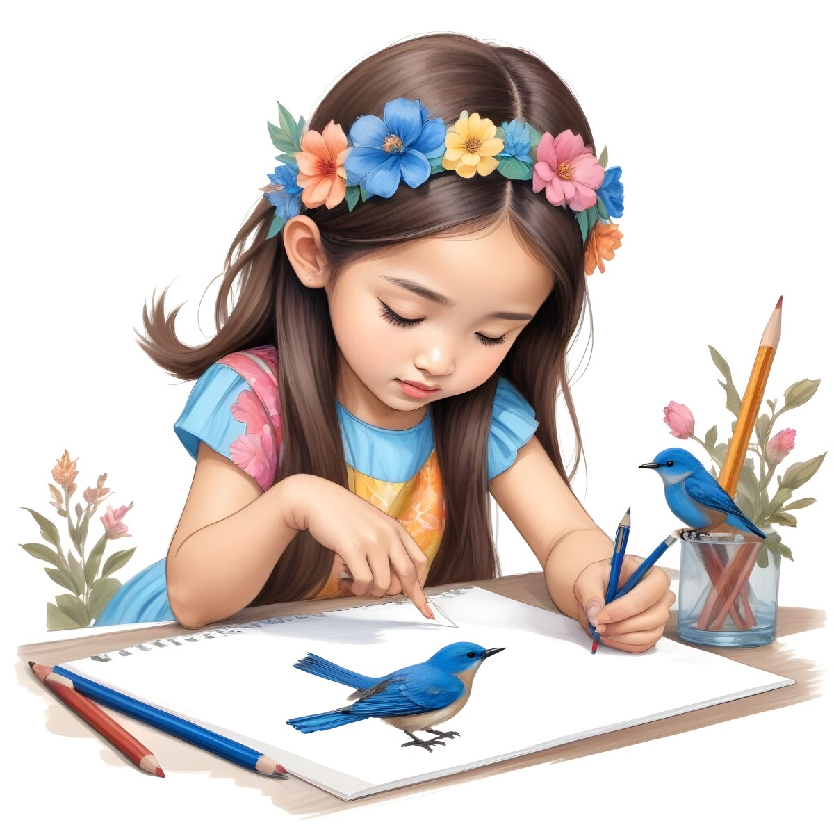 A Young Girl Approximately 6 Years Old With Light Skin And Long Brown Hair Is Sitting At A Table Drawing She Is Wearing A White Dress And A Floral Crown The Girl Is Focused On Her Artwork Whic 16 92b0