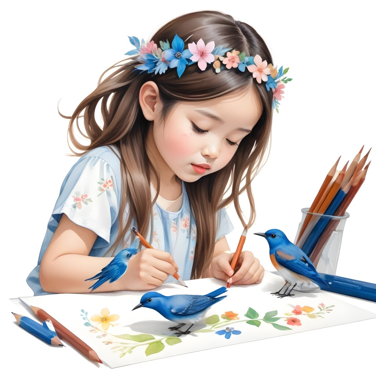A Young Girl Approximately 6 Years Old With Light Skin And Long Brown Hair Is Sitting At A Table Drawing She Is Wearing A White Dress And A Floral Crown The Girl Is Focused On Her Artwork Whic 4 14fa