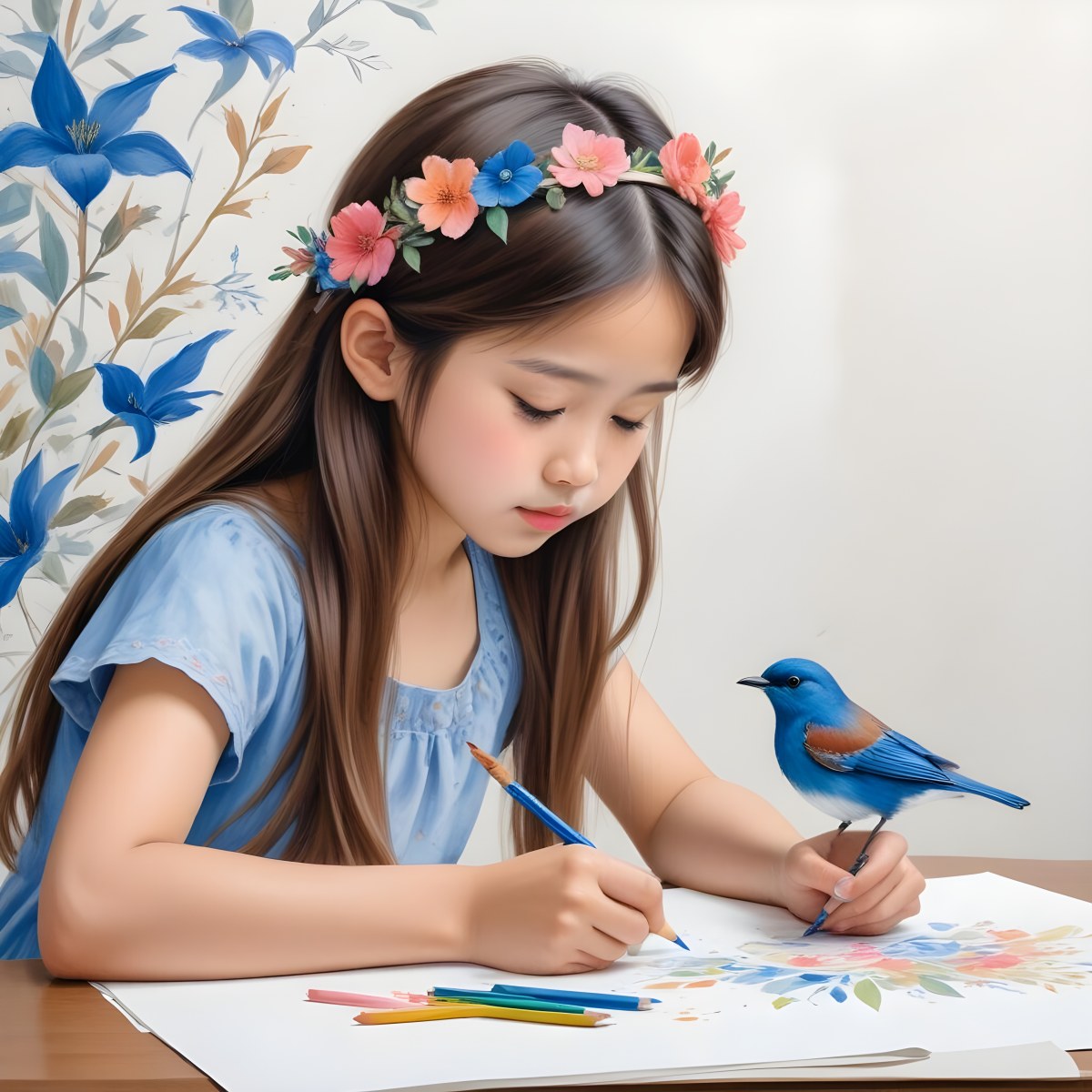 A Young Girl Approximately 6 Years Old With Light Skin And Long Brown Hair Is Sitting At A Table Drawing She Is Wearing A White Dress And A Floral Crown The Girl Is Focused On Her Artwork Whic 5 Deca