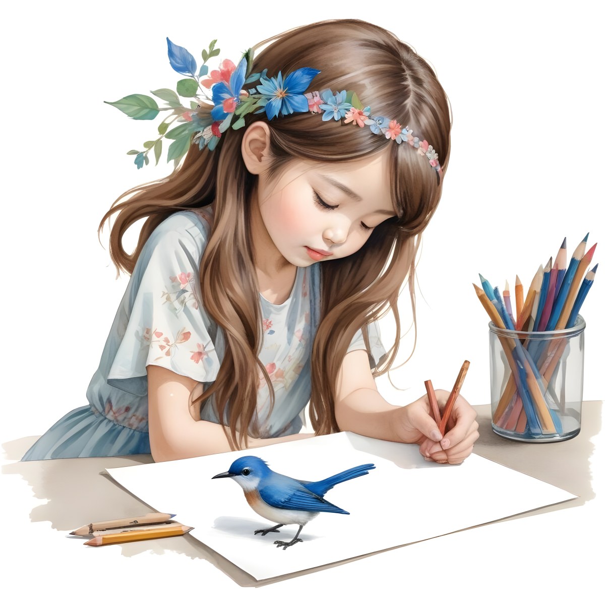 A Young Girl Approximately 6 Years Old With Light Skin And Long Brown Hair Is Sitting At A Table Drawing She Is Wearing A White Dress And A Floral Crown The Girl Is Focused On Her Artwork Whic 6 A380