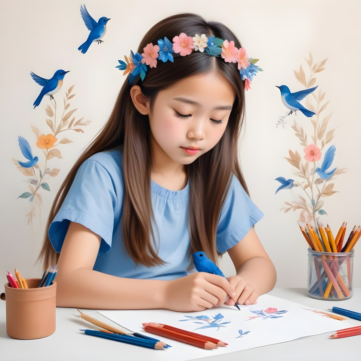 A Young Girl Approximately 6 Years Old With Light Skin And Long Brown Hair Is Sitting At A Table Drawing She Is Wearing A White Dress And A Floral Crown The Girl Is Focused On Her Artwork Whic 8 7ca2