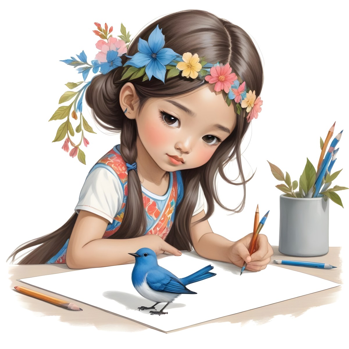 A Young Girl Approximately 6 Years Old With Light Skin And Long Brown Hair Is Sitting At A Table Drawing She Is Wearing A White Dress And A Floral Crown The Girl Is Focused On Her Artwork Whic 9 84ff