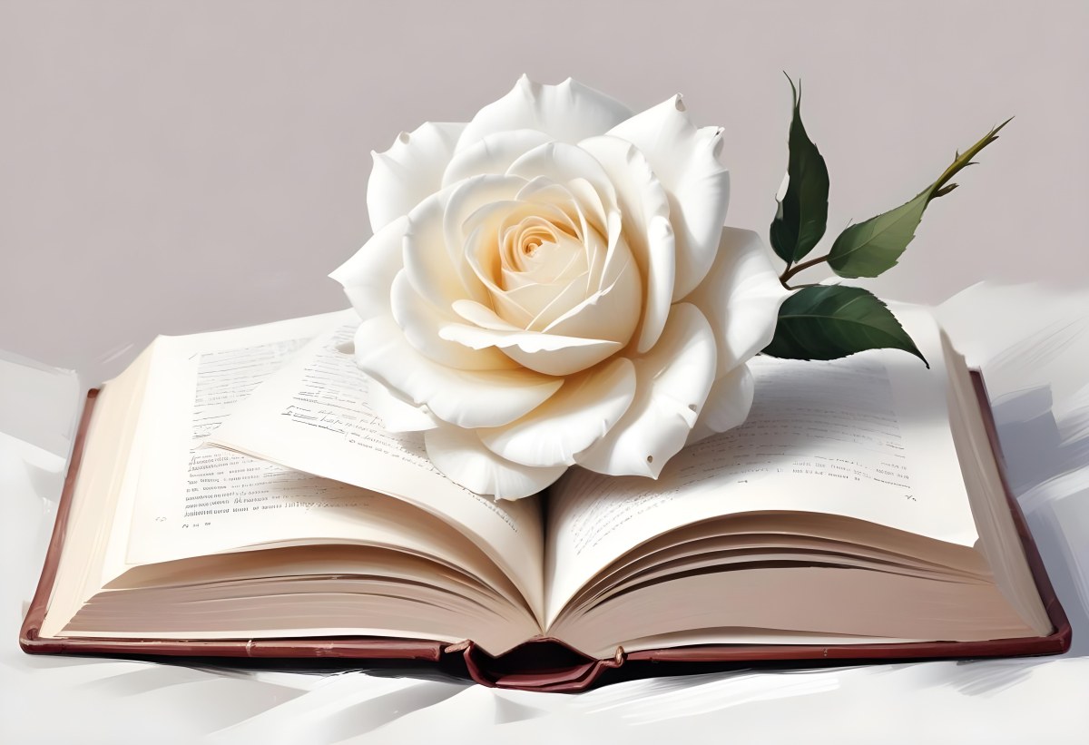 An Open Book With A White Rose On Top White Background 6 Dc85