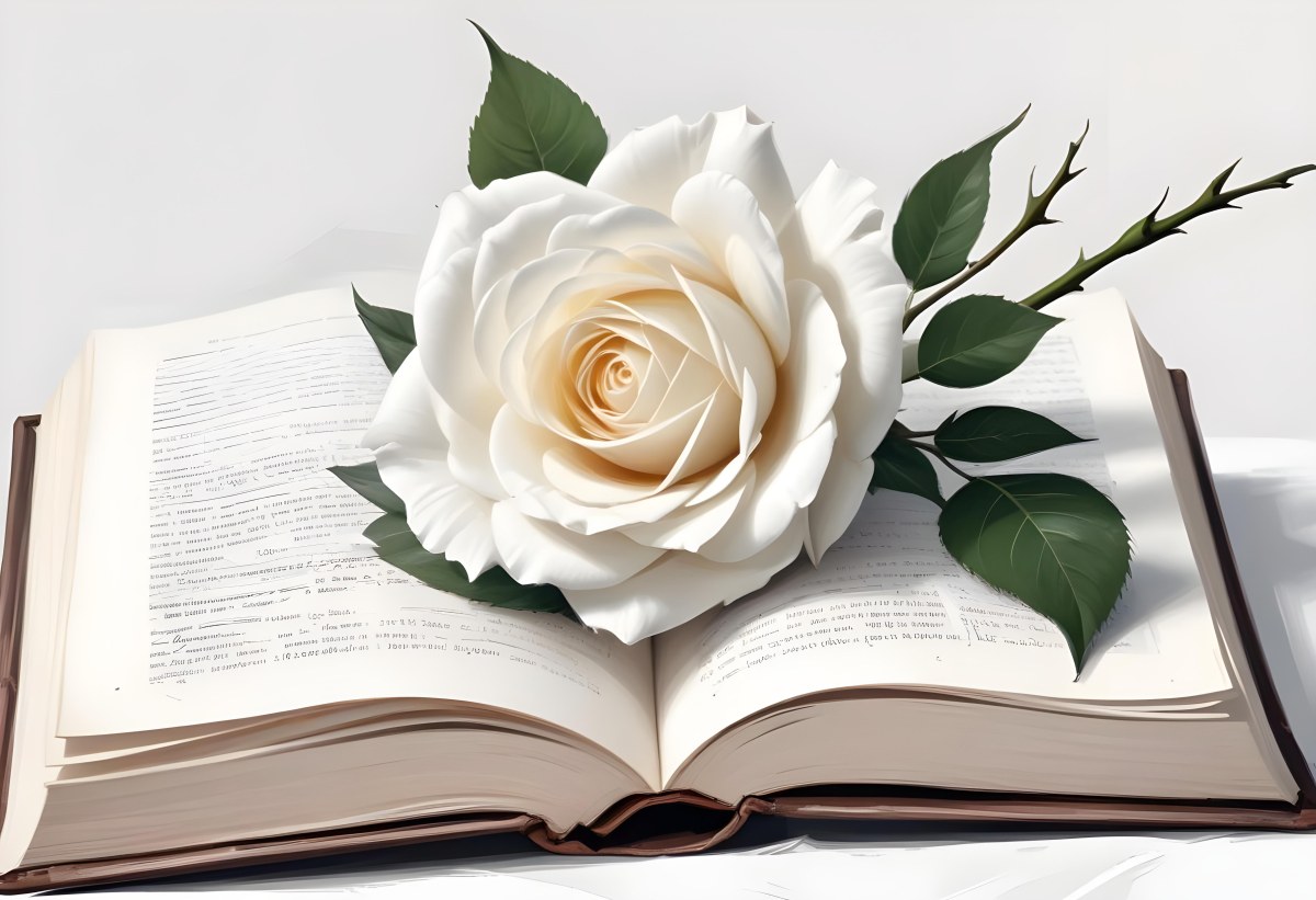 An Open Book With A White Rose On Top White Background 7 B8a0