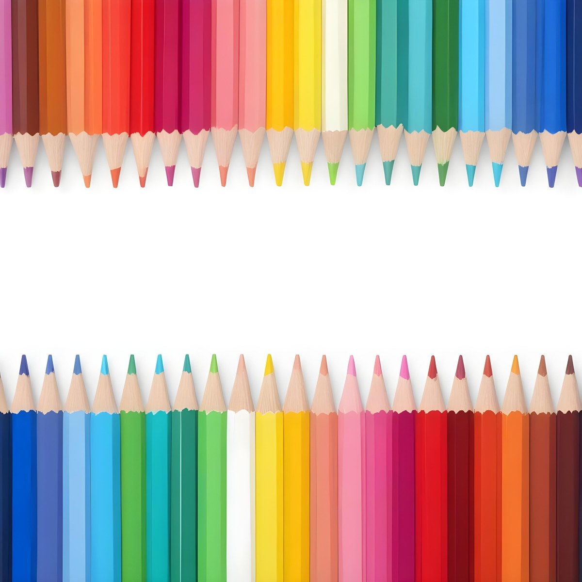 Colored Pencils Arranged In Two Rows Creating A Vibrant Spectrum Of Colors Sharp Tips Pointing Inward White Background Clean And Organized Composition Educational Or Artistic Theme 5 F070
