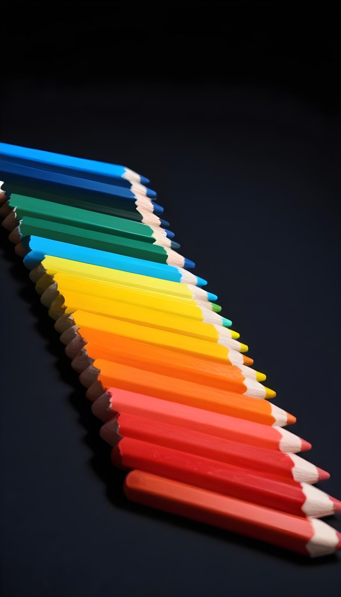 Colored Pencils In A Row Blue Green Cyan Yellow Orange Red And Black On A Dark Background 11 425f