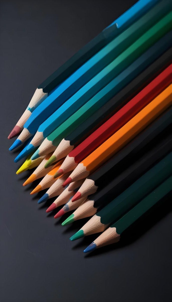 Colored Pencils In A Row Blue Green Cyan Yellow Orange Red And Black On A Dark Background 15 0794