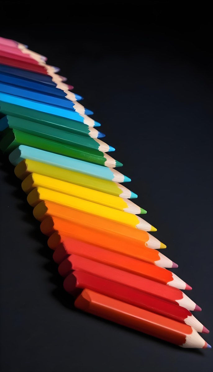 Colored Pencils In A Row Blue Green Cyan Yellow Orange Red And Black On A Dark Background 16 366a
